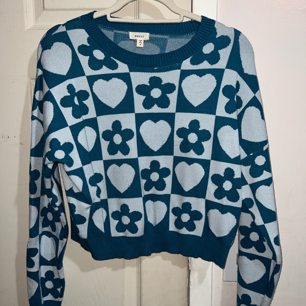 Teal and White Heart Pattern Sweater